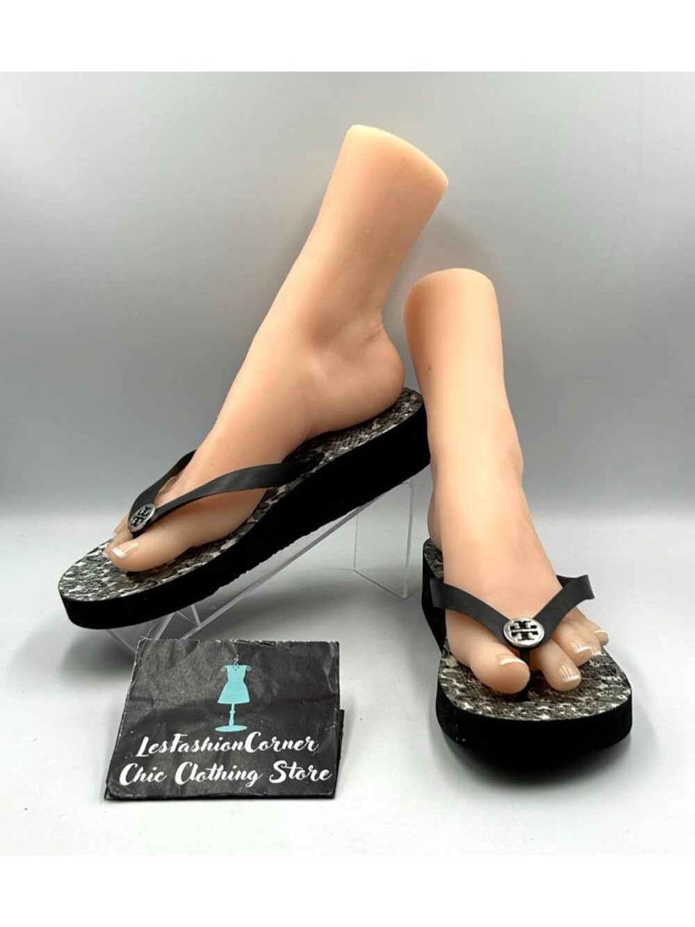 Tory Burch Women's Black PVC Snake Print Wedge Flip Flops Size 8.5 3535